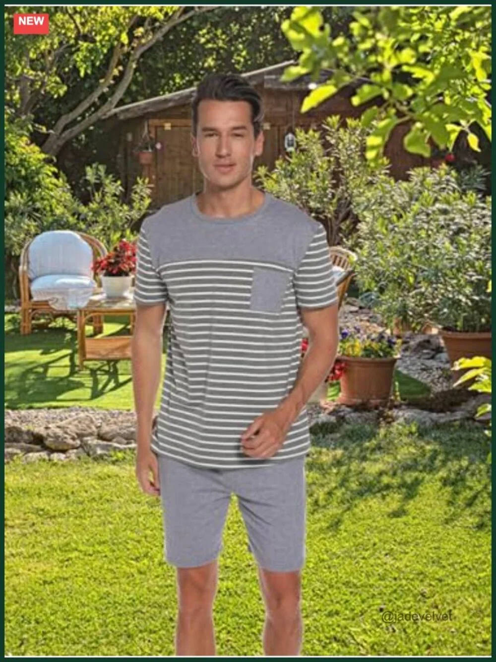 Men's Cotton Pajama Set Short Sleeve Shorts Striped Sleepwear Lounge Set with